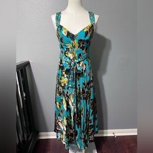 Womens Monsoon Green Floral Silk Blend Vintage Y2k Midi Slip Dress Sz 8 UK 6 US.